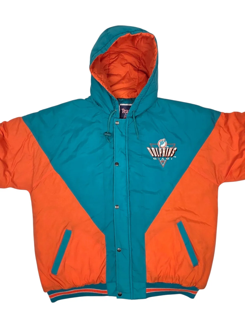vintage 90s Logo 7 Miami Dolphins hooded puffer jacket Men's 2XL Teal And Orange